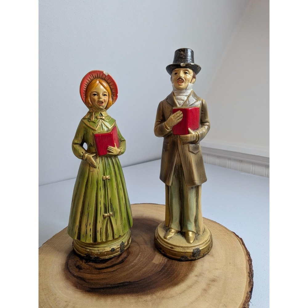 Vintage Christmas Carolers Caroling Man & Woman Figurines Caffco Made In Japan